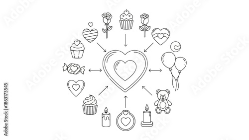 Valentine's Day Line Art Composition: A sweet outline illustration celebrates love and affection, featuring hearts, roses, cupcakes, balloons, and a teddy bear.