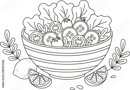 Fresh garden salad bowl line art illustration featuring lettuce, tomatoes, cucumbers, and citrus slices for healthy eating concepts.