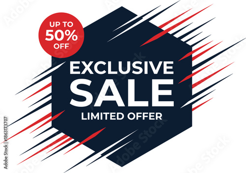 Exclusive sale promotional banner design, limited offer marketing graphic, up to fifty percent discount, modern dynamic ecommerce illustration