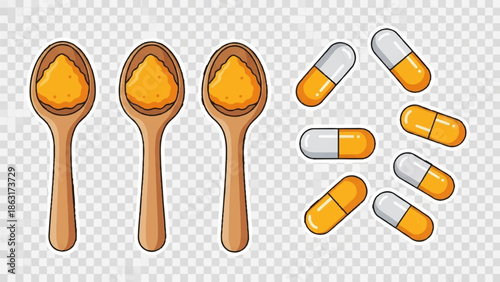 Three wooden spoons filled with bright orange powder and several yellow and white capsules