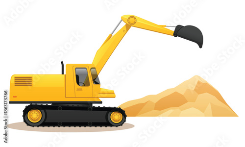 Yellow excavator digging in a pile of sand on white background Keywords: excavator, construction