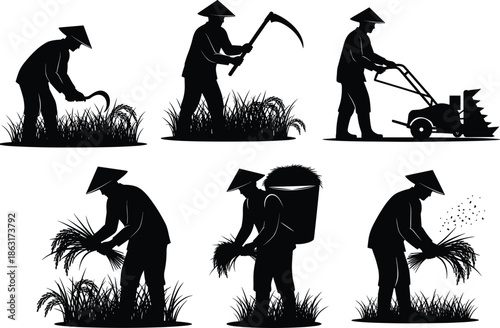 Harvesting silhouette vector, traditional farming icon, crop cutting, rural labor, black figures, agricultural tools, manual work, field clipart