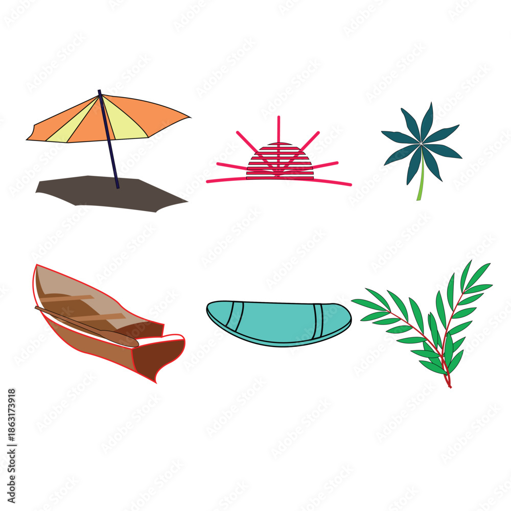 Obraz premium Colorful tropical beach items vector illustration set for summer vacation and travel design