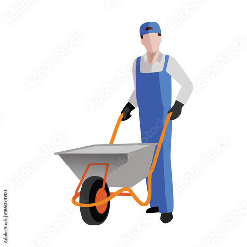 Construction worker pushing a wheelbarrow on white background Keywords: construction, worker