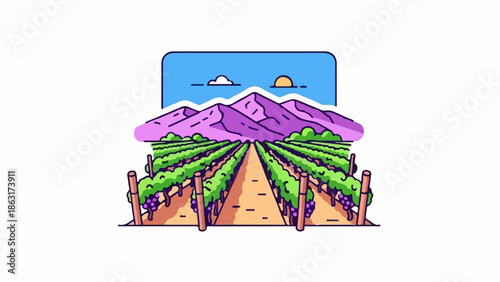 Stylized illustration of a vibrant vineyard with rows of grapevines, purple mountains, and a sunny sky