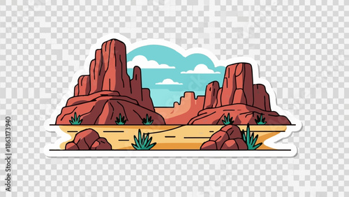 Stylized desert canyon with red rock formations, sparse vegetation, and a cloudy blue sky