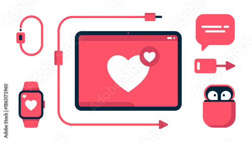 Love and Technology: a heart-shaped icon dominates the scene, seamlessly integrated into a variety of modern devices that depict digital romance and connection. 