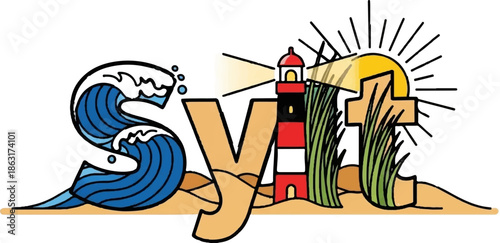 Stylized seaside scene with waves, lighthouse, sun, and grass