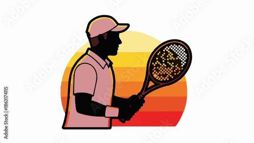Stylized silhouette of a tennis player with a racket against a striped sunset