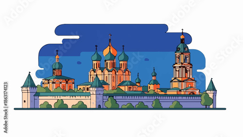 Stylized depiction of a historic monastery complex with domed buildings and towers