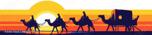Stylized silhouette of a camel caravan with riders and a carriage trekking across a desert at sunset