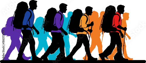 Stylized silhouettes of hikers with backpacks, in a line, walking forward, with colorful fills