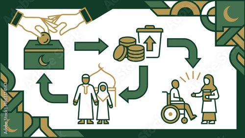 Donation process from individuals to community support and aid distribution, charitable giving visualized, charitable contributions flowing to those in need