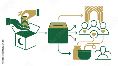 Donation process from individuals to community support and aid distribution, charitable giving visualized, charitable contributions flowing to those in need