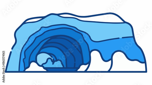Stylized depiction of a cave or tunnel with layered, undulating blue and light blue walls