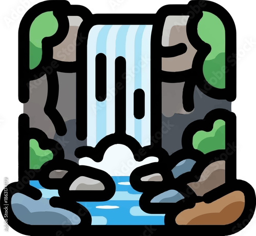 Stylized depiction of a cascading waterfall descending into a rocky pool surrounded by greenery