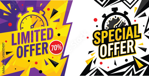 Limited offer and special offer banner set, seventy percent discount promotion, colorful lightning sale design, marketing vector illustration