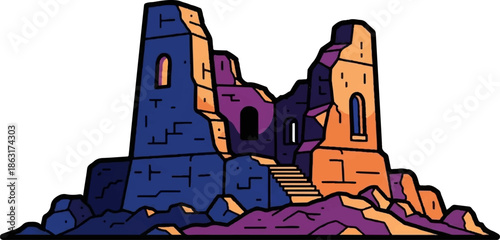 Stylized, colorful illustration of ancient stone ruins with crumbling towers and arched windows