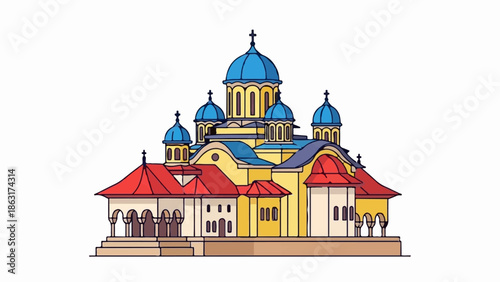 Stylized, colorful depiction of an orthodox church with multiple domes and red roofs