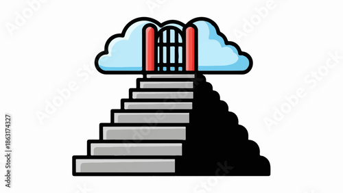 Stylized stairs ascend to a cloudy gateway with red-framed doors