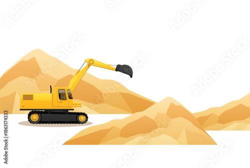 Yellow excavator digging in a sandy landscape construction
