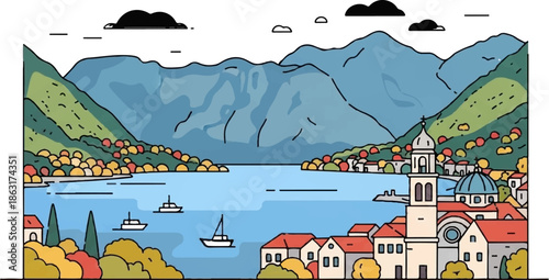 Stylized coastal town with a prominent church, nestled against blue mountains