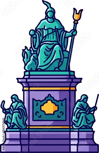 Stylized statue on pedestal with figures and staff, rendered in teal and purple hues