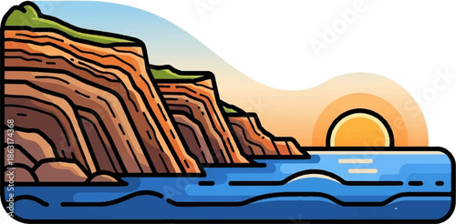 Stylized coastal cliffs meeting the sea at sunset with layered orange sky