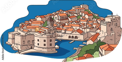 Stylized coastal city with orange roofs and defensive walls, jutting into blue water