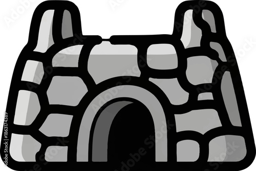 Stylized stone building with archway, textured walls, two turrets