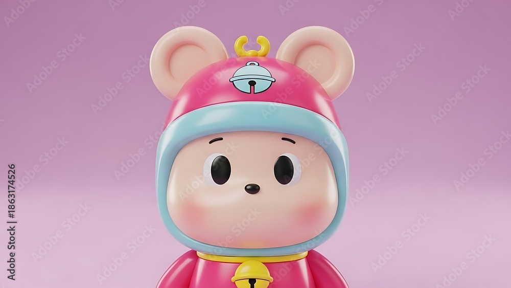 Fototapeta premium Adorable Kawaii 3D Character Wearing Pink Hood with Bell Accessory