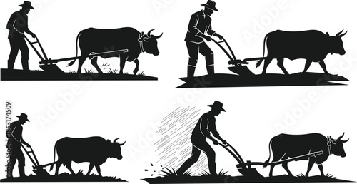 Silhouettes of horses and cows in a farm setting vector illustration