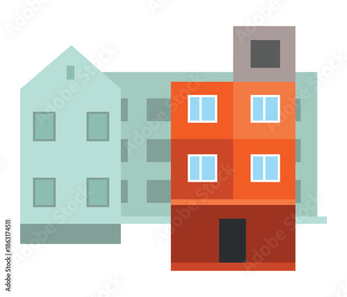 Abstract Building Facade with Orange and Teal Sections