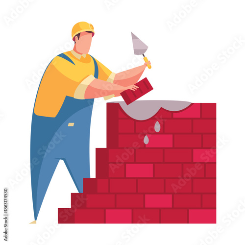 Bricklayer Building a Red Brick Wall with Trowel vector