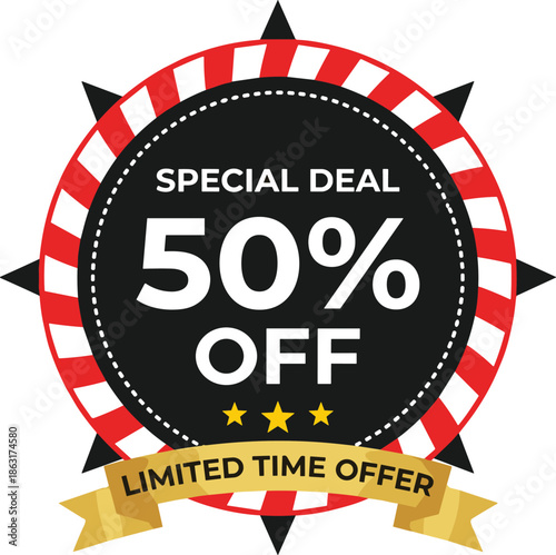 Special deal fifty percent off badge, limited time offer ribbon label, discount sale emblem, marketing promotion vector illustration
