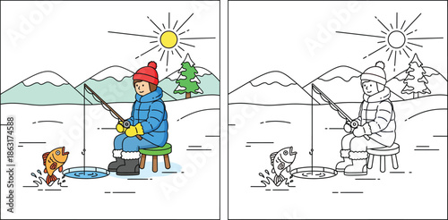 Ice fishing coloring page vector illustration. Winter scene with a fisherman catching a fish. Colored and black and white outline split screen design for kids activity book.