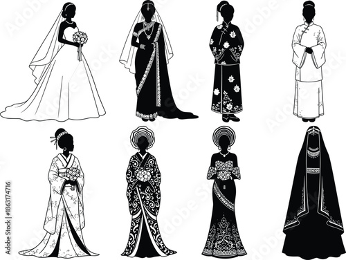 Wedding attire silhouette vector, cultural brides, traditional dress icon, global ceremony fashion, black figures, ethnic costume, bridal clipart
