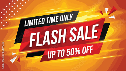 Flash sale promotional banner design, limited time discount offer, up to fifty percent off, dynamic ecommerce marketing background illustration