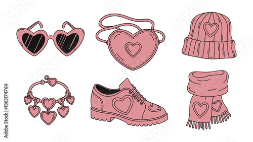 Heart-Shaped Accessories: An array of adorable heart-shaped accessories, including sunglasses, handbags, hat, bracelet, shoe, and scarf, that are ready to give it away on valentine day.