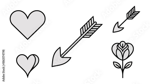 Love's Symbolic Quartet: A curated collection of iconic symbols of affection, featuring a heart, a piercing arrow, and a blooming rose