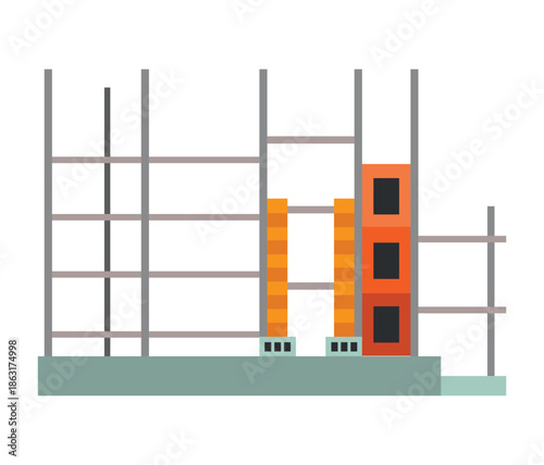 Building construction site with scaffolding and bricks