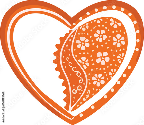A stylized orange heart-shaped cookie with intricate white floral and dotted icing patterns is shown on a black background, evoking a festive gingerbread design.