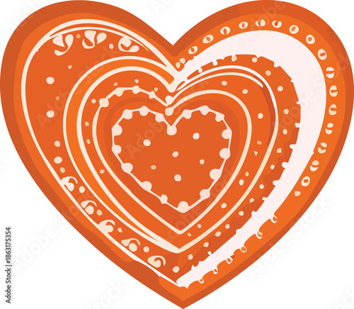 A decorative orange heart-shaped cookie with layered white icing swirls, dots, and ornamental patterns is illustrated against a black background in a folk-art style.
