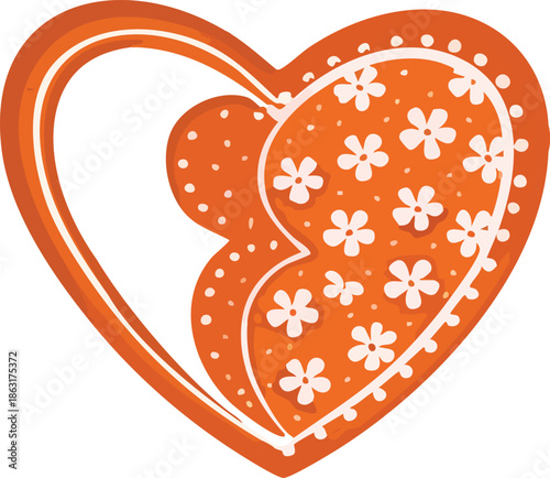 A stylized orange heart-shaped cookie is decorated with white icing flowers, dots, and curved borders, illustrated