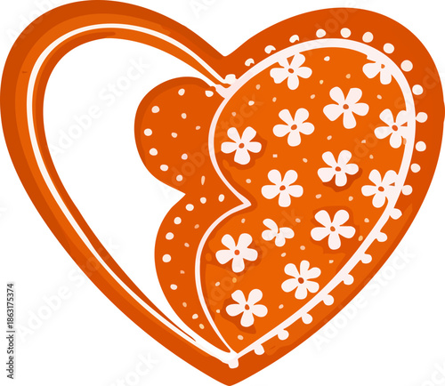 A stylized orange heart-shaped cookie is decorated with white icing flowers, dots, and curved borders, illustrated