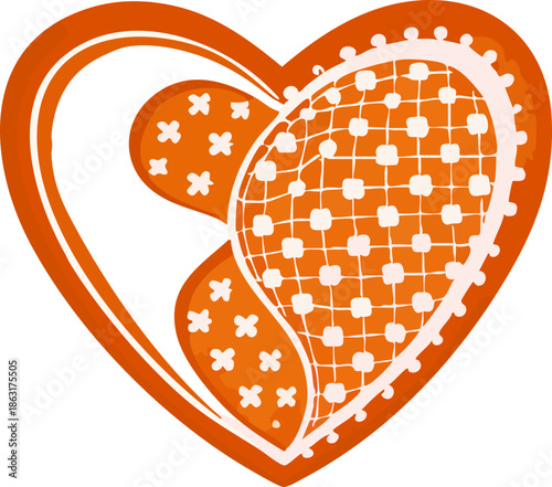 A decorative orange heart-shaped cookie is adorned with intricate white icing patterns including floral dots, lattice details, and curved borders
