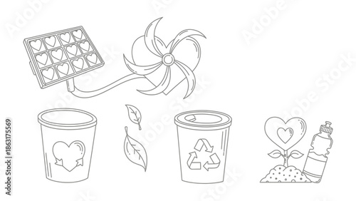 Eco-Conscious Elements: A hand-drawn illustration featuring a solar panel, wind turbine, recycled bins, heart-shaped plant, and water bottle.