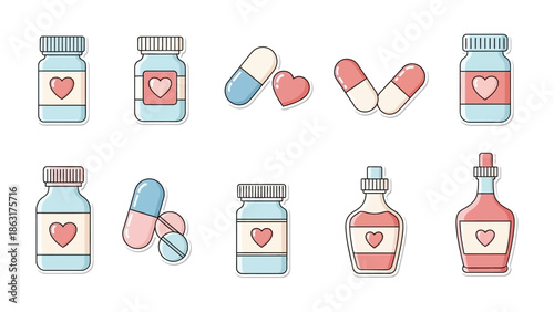 Healing with Love: A collection of various medicine containers, each emblazoned with a heart symbol, suggesting compassion and care in the practice of health care.