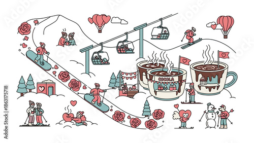 Valentine's Ski Resort Illustration: A romantic illustration portrays couples enjoying skiing, snowboarding, and sharing hot chocolate amidst a snowy mountain landscape.