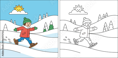 Winter coloring book page for kids with colored example. Vector illustration of happy child walking in snow with snowshoes on a hill with pine trees and sun.
